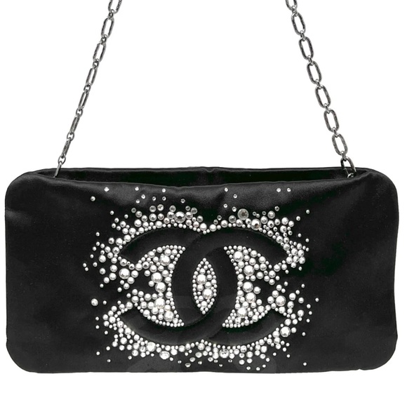 CHANEL 🖤 Rare Diamonte Swarovski Crystal Studded CC Black Satin Silk Chain Bag - Picture 16 of 16
